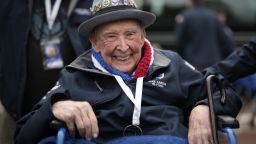 COLLEVILLE-SUR-MER, FRANCE - JUNE 06: Veteran Jake Larson, aged 100, attends an event commemorating the D-Day landings at the Normandy American Cemetery and Memorial on June 6, 2023 in Colleville-sur-Mer, France. The Allied invasion of Normandy during World War II, an operation to liberate France from occupation by Nazi Germany, was a pivotal moment in the war. (Photo by Christopher Furlong/Getty Images)