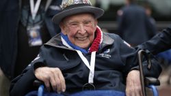 COLLEVILLE-SUR-MER, FRANCE - JUNE 06: Veteran Jake Larson, aged 100, attends an event commemorating the D-Day landings at the Normandy American Cemetery and Memorial on June 6, 2023 in Colleville-sur-Mer, France. The Allied invasion of Normandy during World War II, an operation to liberate France from occupation by Nazi Germany, was a pivotal moment in the war. (Photo by Christopher Furlong/Getty Images)