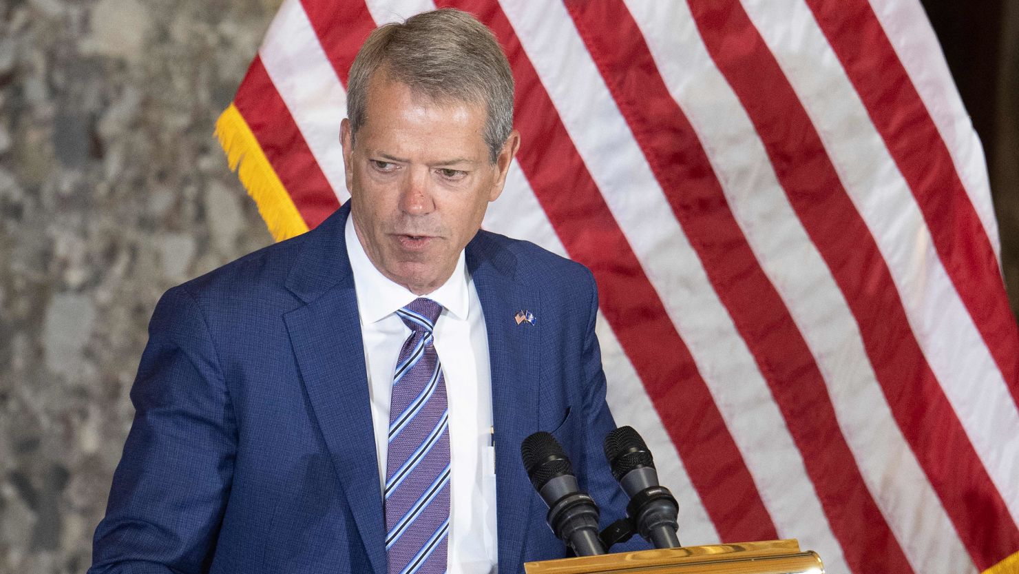 Nebraska Governor Jim Pillen speaks during a statue dedication ceremony for US writer and novelist Willa Cather, in Statuary Hall of the US Capitol in Washington, DC, on June 7, 2023.