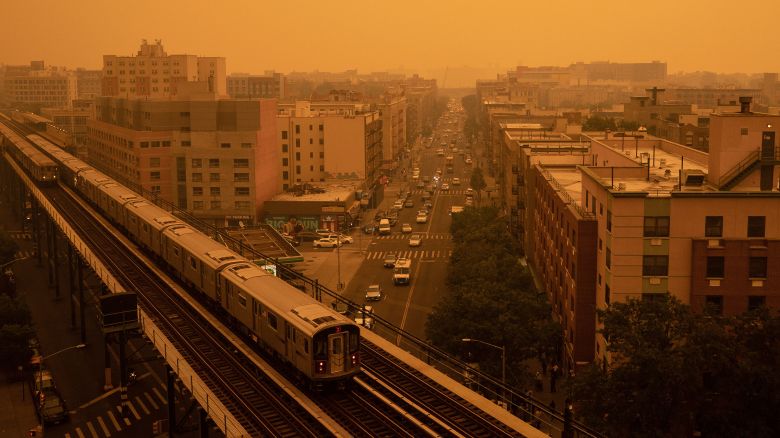 Smoky haze from wildfires in Canada blankets a neighborhood on June 7, 2023 in the Bronx borough of New York City. New York topped the list of most polluted major cities in the world on Tuesday night, as smoke from the fires continues to blanket the East Coast.