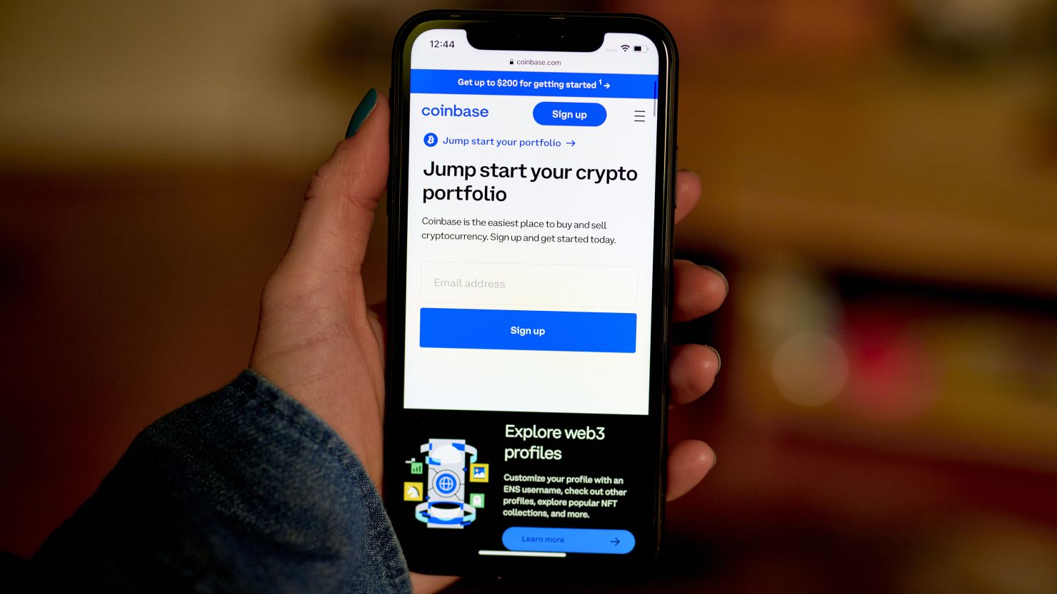 The Coinbase website on a smartphone.