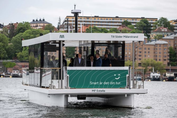 The Zeam MF Estelle is the world's first commercial autonomous electric passenger ferry, pictured here during its inauguration at Norr Malarstrand, Sweden, in Stockholm, in June 2023.