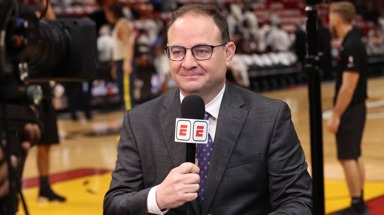 Adrian Wojnarowski talks before the game between the Denver Nuggets and the Miami Heat during Game Four of the 2023 NBA Finals on June 9, 2023 at Kaseya Center in Miami, Florida.