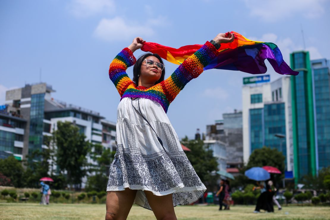 Activists and members of the LGBTQ+ community parade in Kathmandu, Nepal on June 10, 2023.