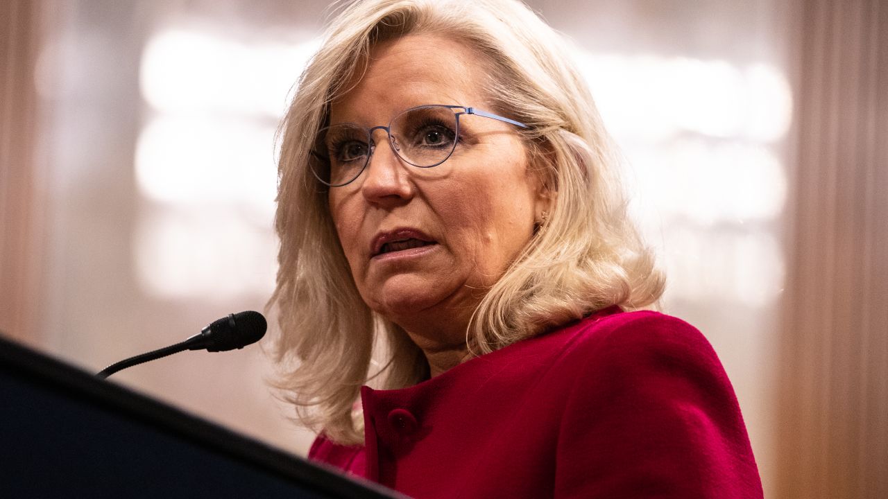 WASHINGTON, DC - JUNE 13: Liz Cheney, former Republican representative from Wyoming, speaks after being presented with the Paul H. Douglas Award for Ethics in Government on June 13, 2023 in Washington, DC. Cheney has been outspoken in her criticism of former President Donald Trump and the danger he poses to the U.S. (Photo by Anna Rose Layden/Getty Images)