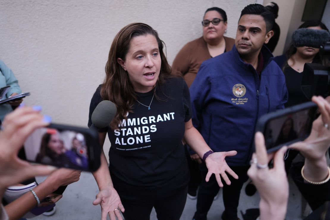 Lindsay Toczylowski, executive director of Immigrant Defenders Law Center, speaks to the media outside St. Anthony Croatian Catholic Church in Los Angeles in June 2023.