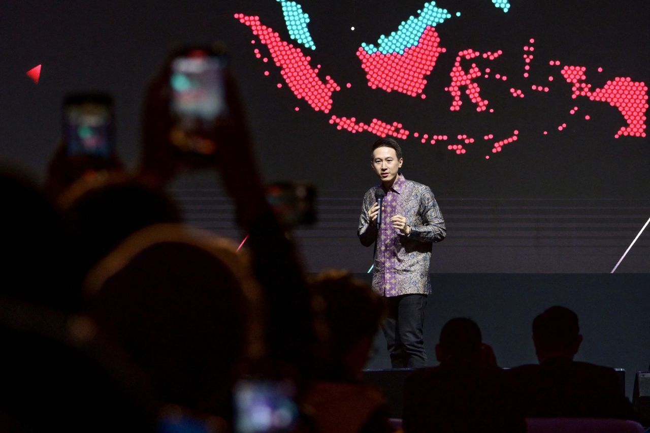 TikTok CEO Shou Zi Chew delivers a speech during an event in Jakarta, Indonesia, on June 15, 2023.