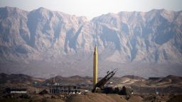 An Iranian long-range Shahab-3 missile is seen before being tested from desert terrain at an unspecified location in Iran on September 28, 2009.