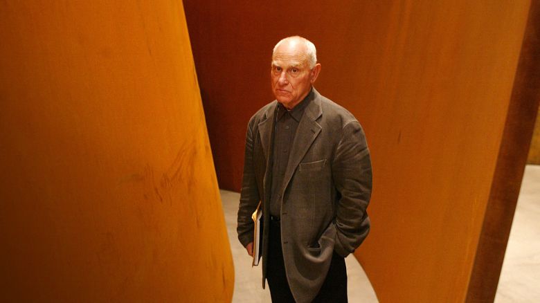US sculptor Richard Serra poses in front of one of his works featured at the new Guggenheim Bilbao Museum exhibition, "The Matter of Time," on June 3, 2005.