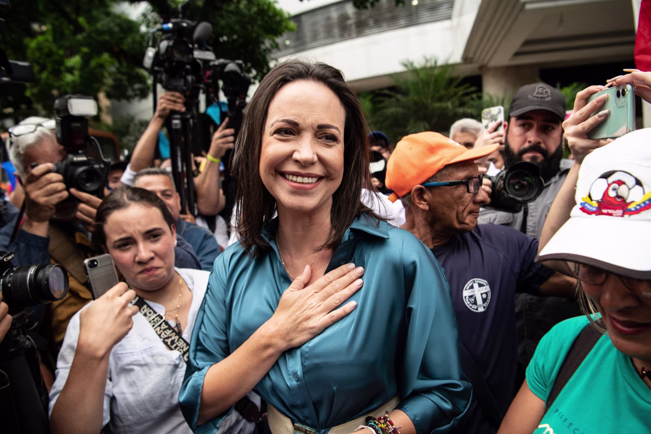 Opposition leader Maria Corina Machado arrives to a rally in Caracas, Venezuela, on June 23, 2023.