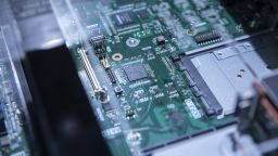 Processors and memory chips displayed at the Advanced Micro Devices Inc. (AMD) booth at the MWC Shanghai event in Shanghai, China, on June 28, 2023.
