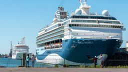 Southampton, England, UK, People on the quay during the Coronavirus lockdown period with two cruise ships berthed alongside in the port of Southampton. The Marella Explorer 2 and the Silver Spirit. (Photo by: Peter Titmuss/Education Images/Universal Images Group via Getty Images)