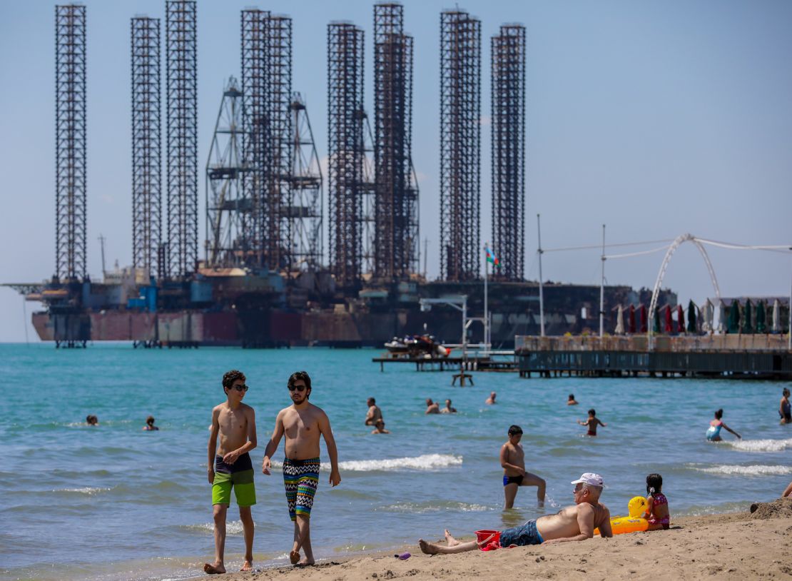 Oil rigs on the Caspian Sea in Baku, Azerbaijan on August 8, 2020.