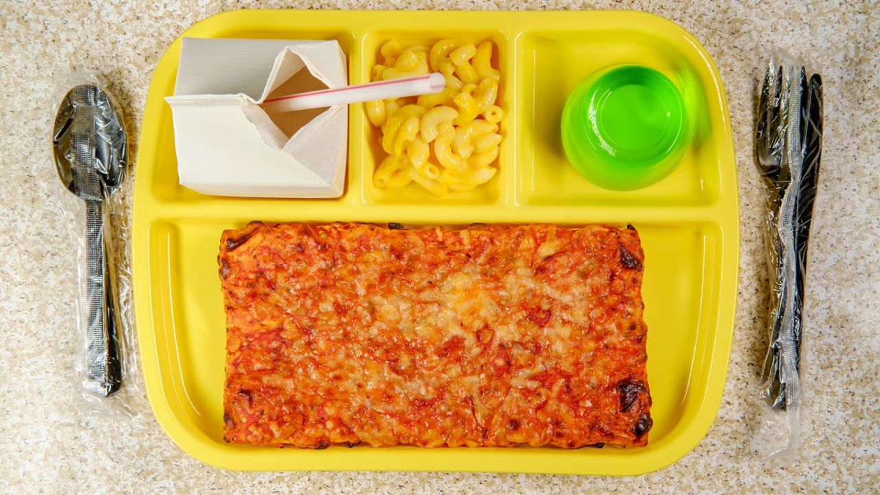 Grade school lunch tray with pizza with small carton of milk mac-n-cheese and green gelatin for dessert