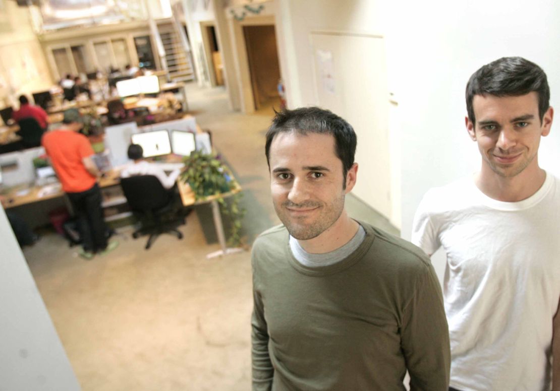 Two of the creators of Twitter, Evan Williams (L) and Jack Dorsey (R), on March 15, 2007 in San Francisco.