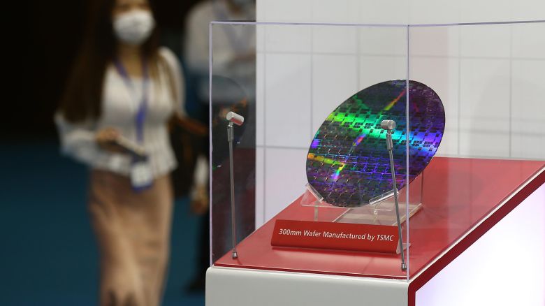 A 300mm wafer is on display at the Taiwan Semiconductor Manufacturing Company (TSMC) stand during 2020 World Semiconductor Conference at Nanjing International Expo Center on August 26, 2020 in Nanjing, Jiangsu Province of China.