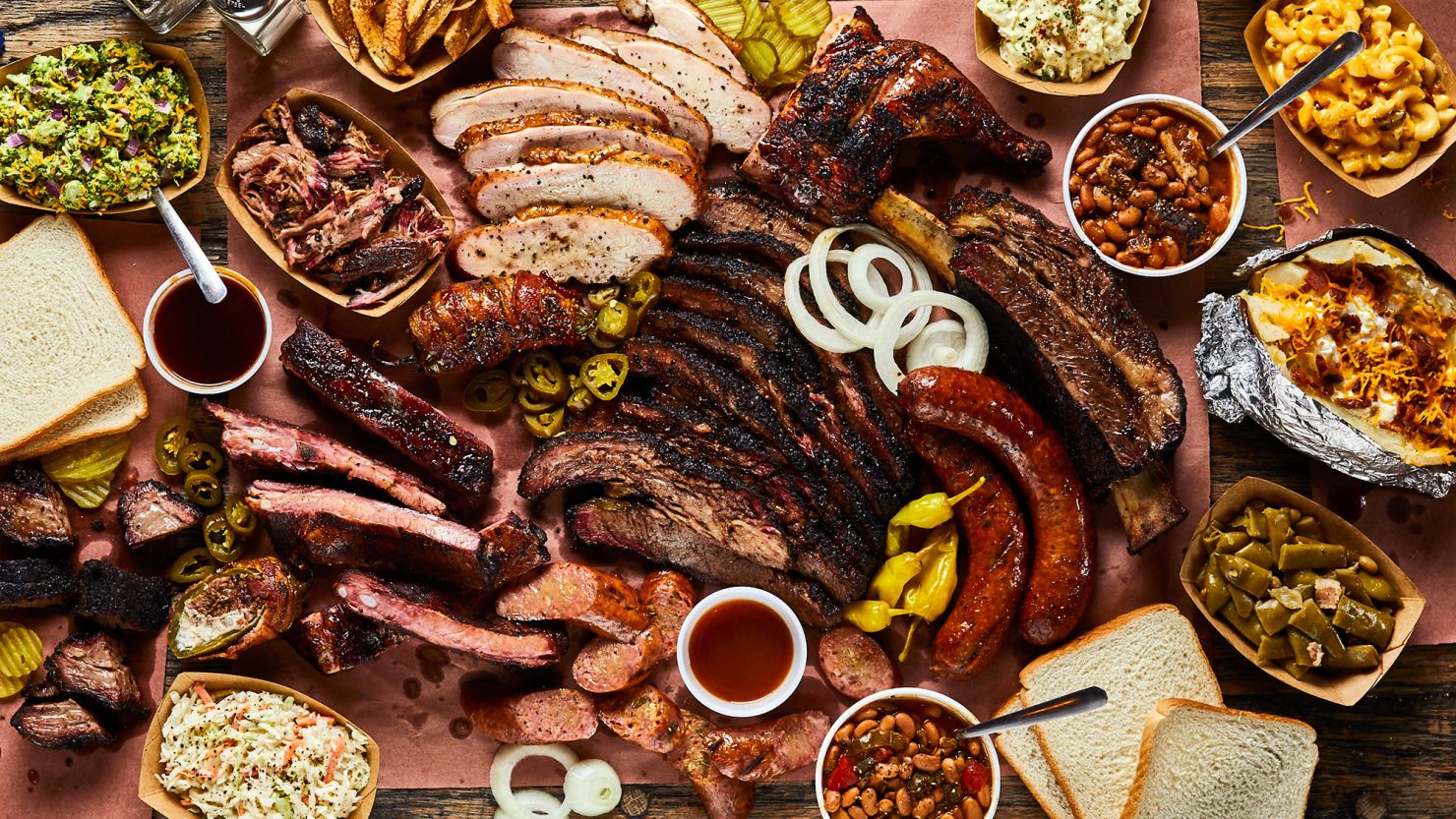 Worthy of a state where everything is bigger, a Texas barbecue feast: chicken, pork, beef, brisket and all the sides.