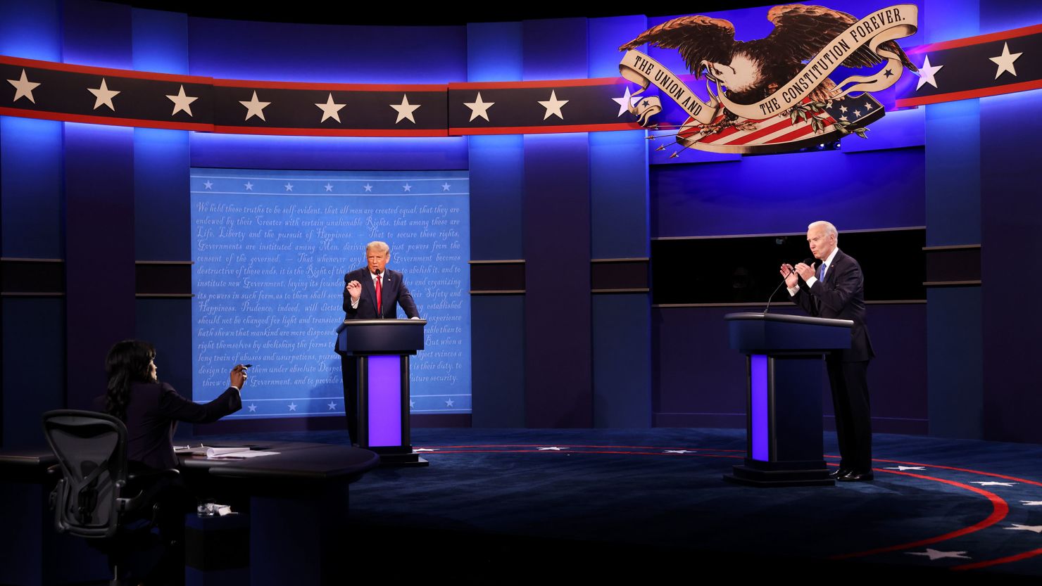 U.S. President Donald Trump and Democratic presidential nominee Joe Biden participate in the final presidential debate at Belmont University on October 22, 2020 in Nashville, Tennessee.