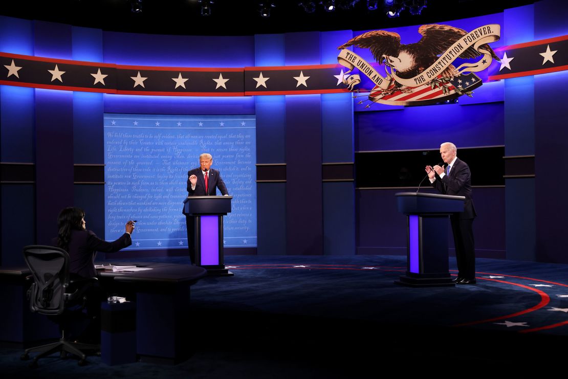 President Donald Trump and Democratic presidential nominee Joe Biden participate in the final presidential debate at Belmont University on October 22, 2020 in Nashville, Tennessee.
