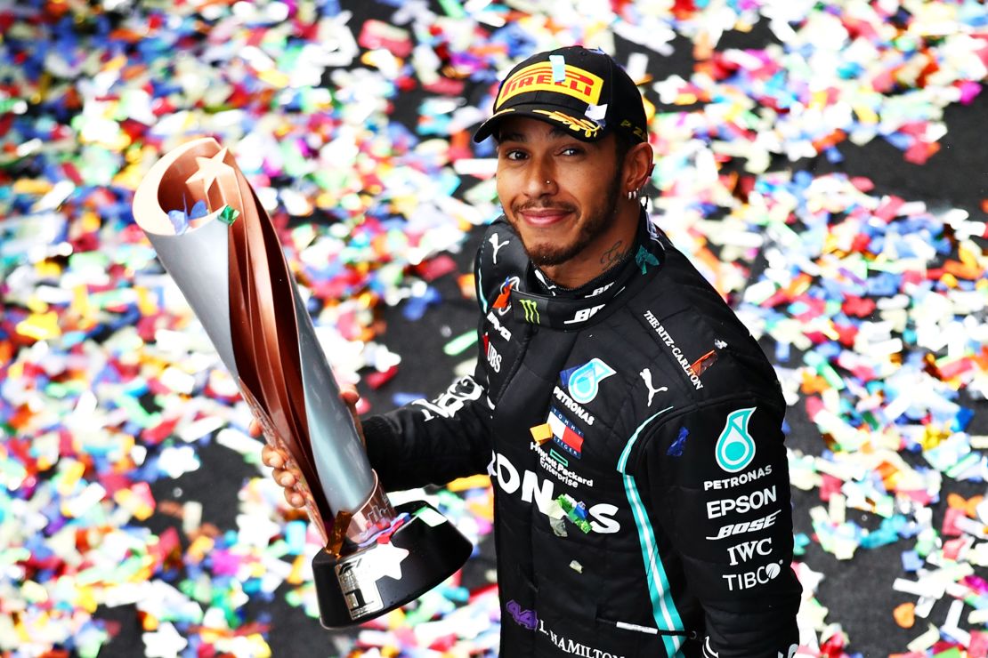 Hamilton celebrates after winning his seventh world championship.