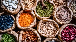 Food Backgrounds: overhead view of several sacks filled with a large variety of dried beans and legumes. The composition includes green, yellow and brown lentils, chick-peas, black beans, Pinto beans, Kidney beans, fava beans, white beans, soy beans among others. High resolution 42Mp studio digital capture taken with SONY A7rII and Zeiss Batis 40mm F2.0 CF lens