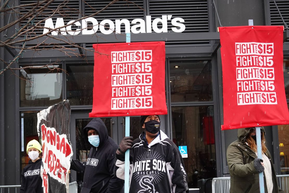 Demonstrators protest outside of McDonald's corporate headquarters on January 15, 2021, in Chicago. The protest was part of a nationwide effort calling for the federal minimum wage to be raised to $15 per hour.