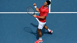 MELBOURNE, AUSTRALIA - FEBRUARY 02: Novak Djokovic of Serbia celebrates winning his Group A singles match against Denis Shapovalov of Canada during day one of the 2021 ATP Cup at Rod Laver Arena on February 02, 2021 in Melbourne, Australia. (Photo by Quinn Rooney/Getty Images)