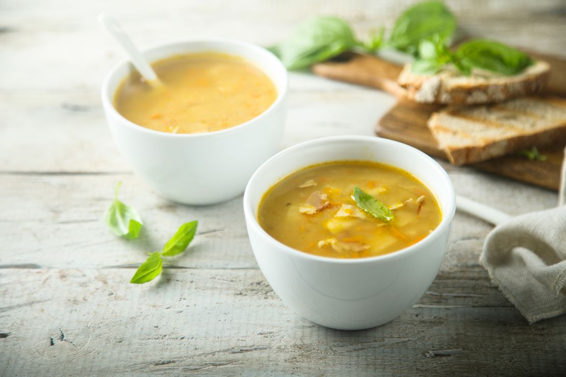 Traditional homemade split pea soup with bacon.