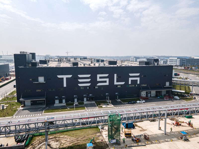 SHANGHAI,CHINA - MARCH 29:  An aerial view of Tesla Shanghai Gigafactory on March 29, 2021 in Shanghai, China. Tesla Shanghai Gigafactory is reportedly producing vehicles at a rate of about 450,000 cars per year. (Photo by Xiaolu Chu/Getty Images)