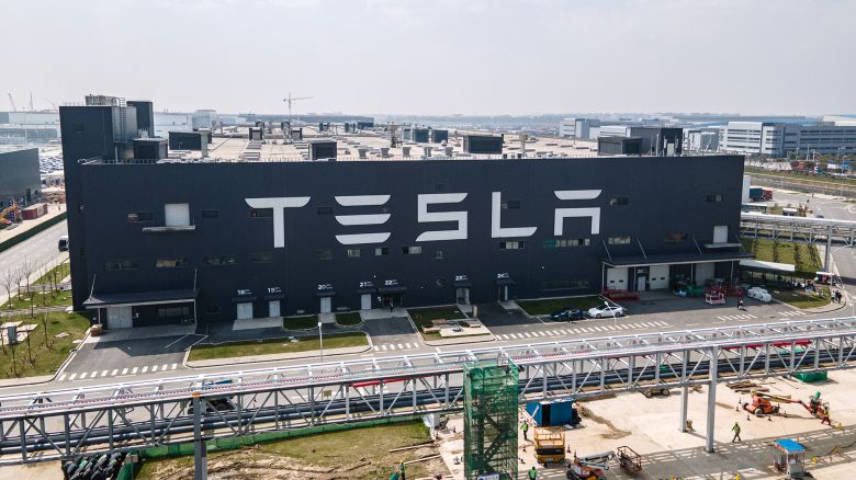 SHANGHAI,CHINA - MARCH 29:  An aerial view of Tesla Shanghai Gigafactory on March 29, 2021 in Shanghai, China. Tesla Shanghai Gigafactory is reportedly producing vehicles at a rate of about 450,000 cars per year. (Photo by Xiaolu Chu/Getty Images)