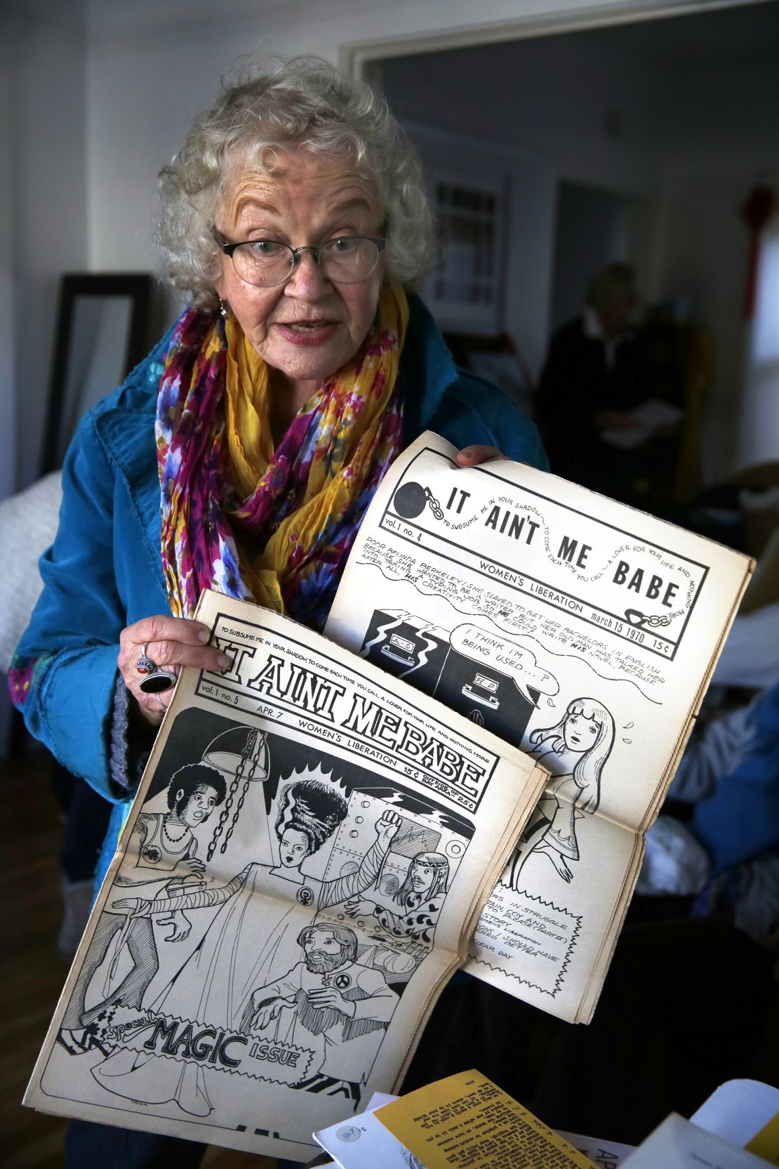 Artist Trina Robbins joined the staff of America's first Women's Liberation newspaper, the Berkeley-based 'It Ain't Me, Babe in 1970' showing past issues at Alta's home in Oakland, Calif., on Thursday, January 22, 2015.