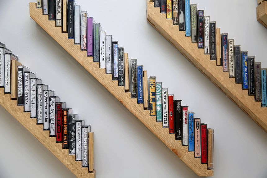 Cassettes displayed at Contact Records in Oakland, California.