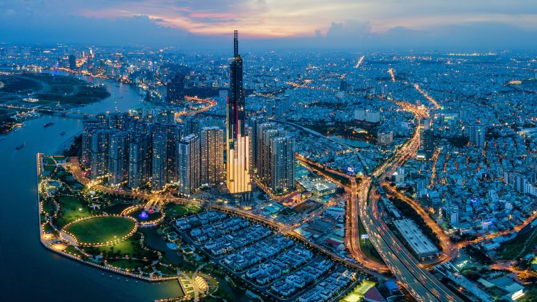 Beautiful drone view photo of Saigon - Ho Chi Minh city at night