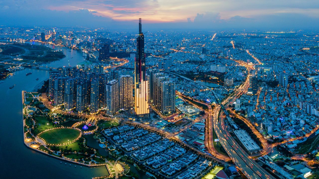 Beautiful drone view photo of Saigon - Ho Chi Minh city at night