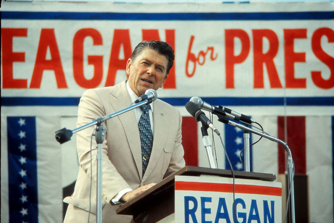 Indiana, 1976, Ronald Reagan speaking to an audience during his campaign for president against Vice-President Gerald Ford.
