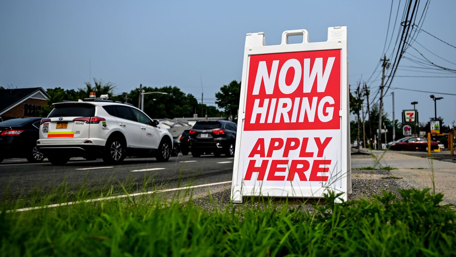 A "help wanted" sign in Selden, New York, on July 20, 2021.