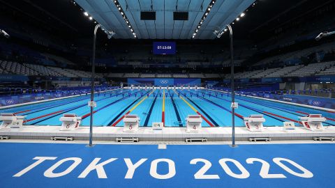 A general view of the empty pool during aquatics training at the Tokyo Aquatics Centre ahead of the Tokyo 2020 Olympic Games on July 22, 2021 in Tokyo, Japan.