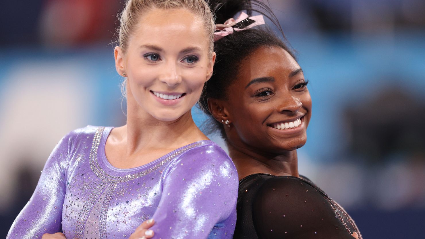 MyKayla Skinner (left) and Simone Biles (right) pictured at the Tokyo 2020 Olympic Games.