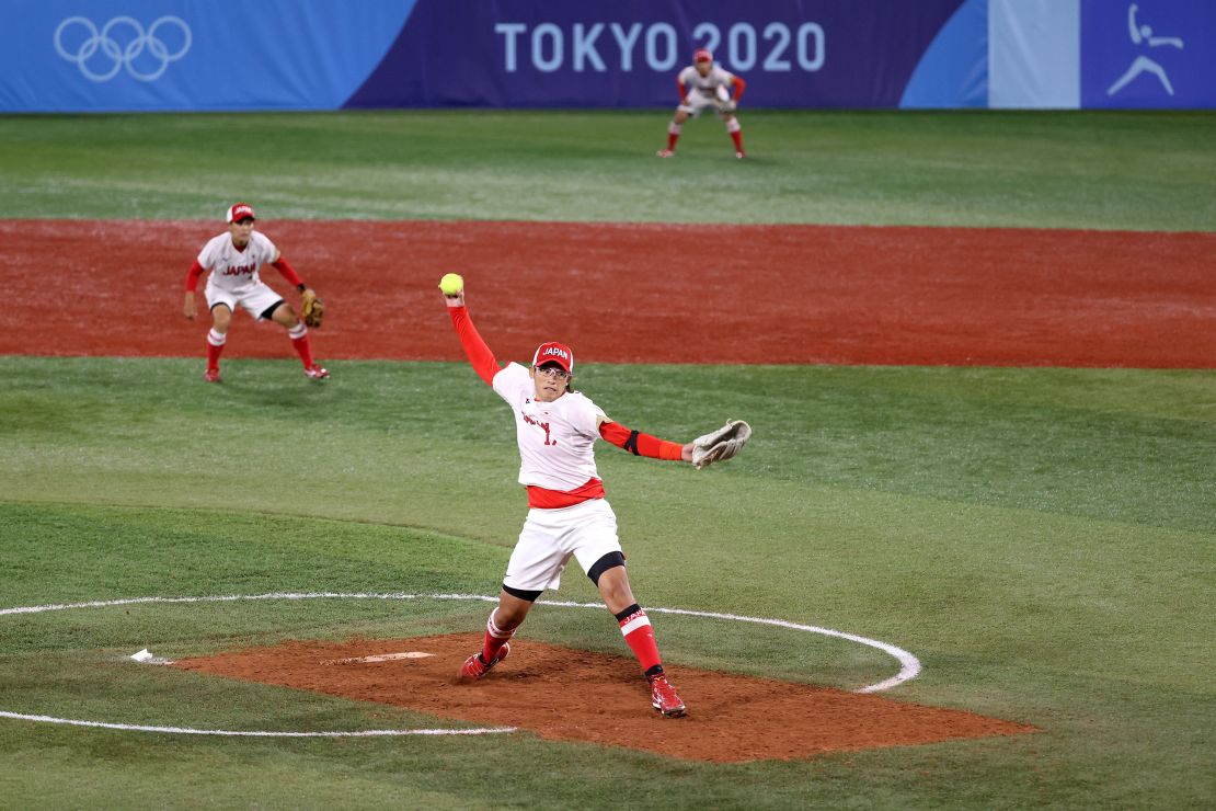 Yukiko Ueno pitches in the softball gold medal game between Japan and the United States during the Tokyo 2020 Olympics.