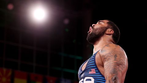 Gable Steveson celebrates winning his Olympic gold medal in 2021.