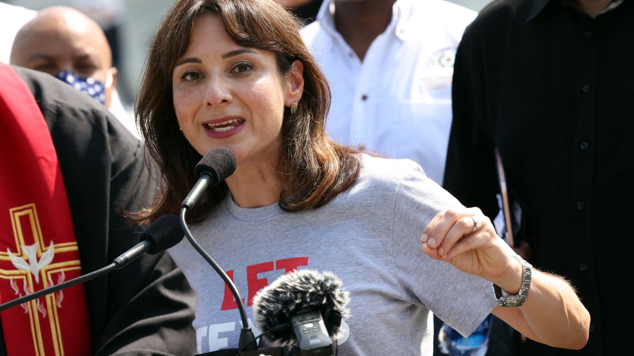 Texas State Representatives Gina Hinojosa (D-District 49) speaks alongside fellow representatives and religious leaders, as they prepare to deliver a petition to Senate Majority Leader Charles Schumer calling for an end to the filibuster, the passage of the For The People Act and restoring the Voting Rights Act, at the U.S. Supreme Court on August 12, 2021 in Washington, DC.