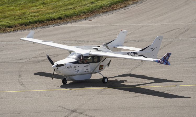 The Ampaire hybrid-powered Cessna 337 Skymaster electric aircraft is a modified six-seat plane with a battery-powered motor at the front and conventional engines at the rear (pictured in 2021, in Newquay, England). In December 2023, Ampaire said it set a new record for flight endurance with a hybrid-electric aircraft, when its Electric EEL technology demonstrator aircraft flew for 10 hours in California.