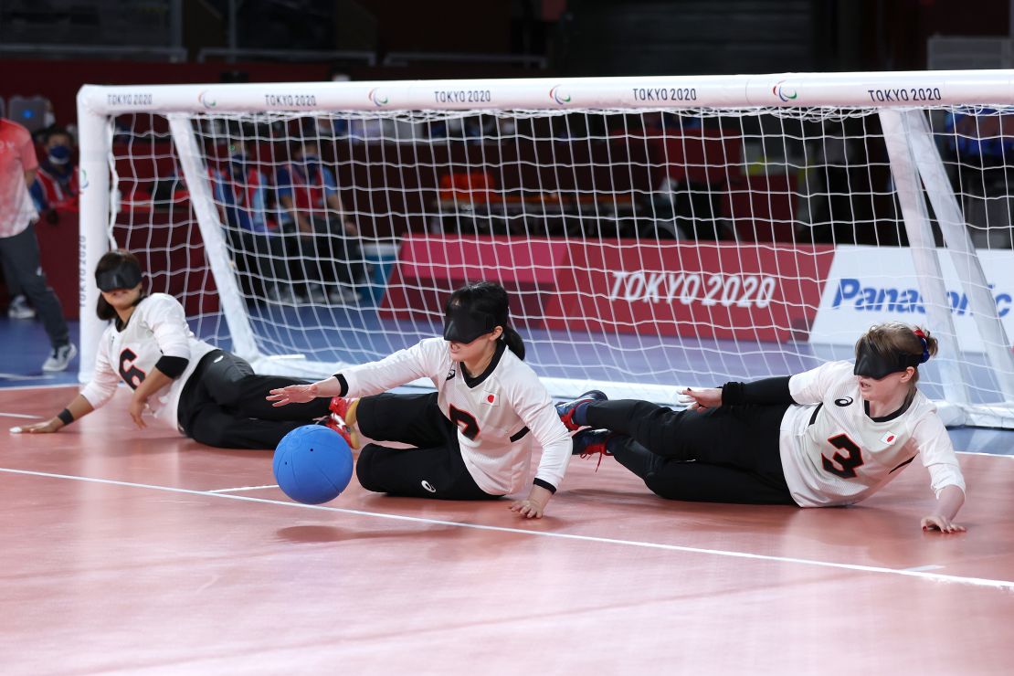 CHIBA, JAPAN - SEPTEMBER 03: Norika Hagiwara #6, Rieko Takahashi #7 and Eiko Kakehata #3 of Team Japan defend against Team Brazil on day 10 of the Tokyo 2020 Paralympic Games at Makuhari Messe Hall on September 03, 2021 in Chiba, Japan. (Photo by Kiyoshi Ota/Getty Images)