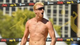 CHICAGO, ILLINOIS - SEPTEMBER 05: Chase Budinger reacts during the match against Jake Gibb and Taylor Crabb during the AVP Gold Series Chicago Open at the Oak Street Beach on September 5, 2021 in Chicago, Illinois. (Photo by Quinn Harris/Getty Images)