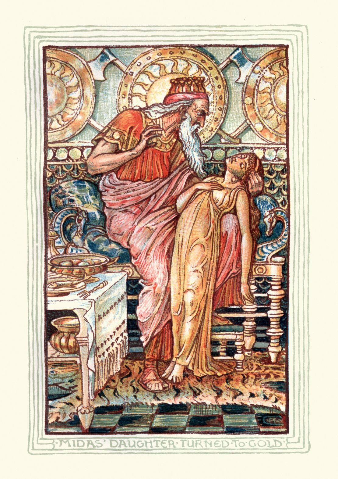 This 19th century illustration by Walter Crane features King Midas’ daughter turned to gold.