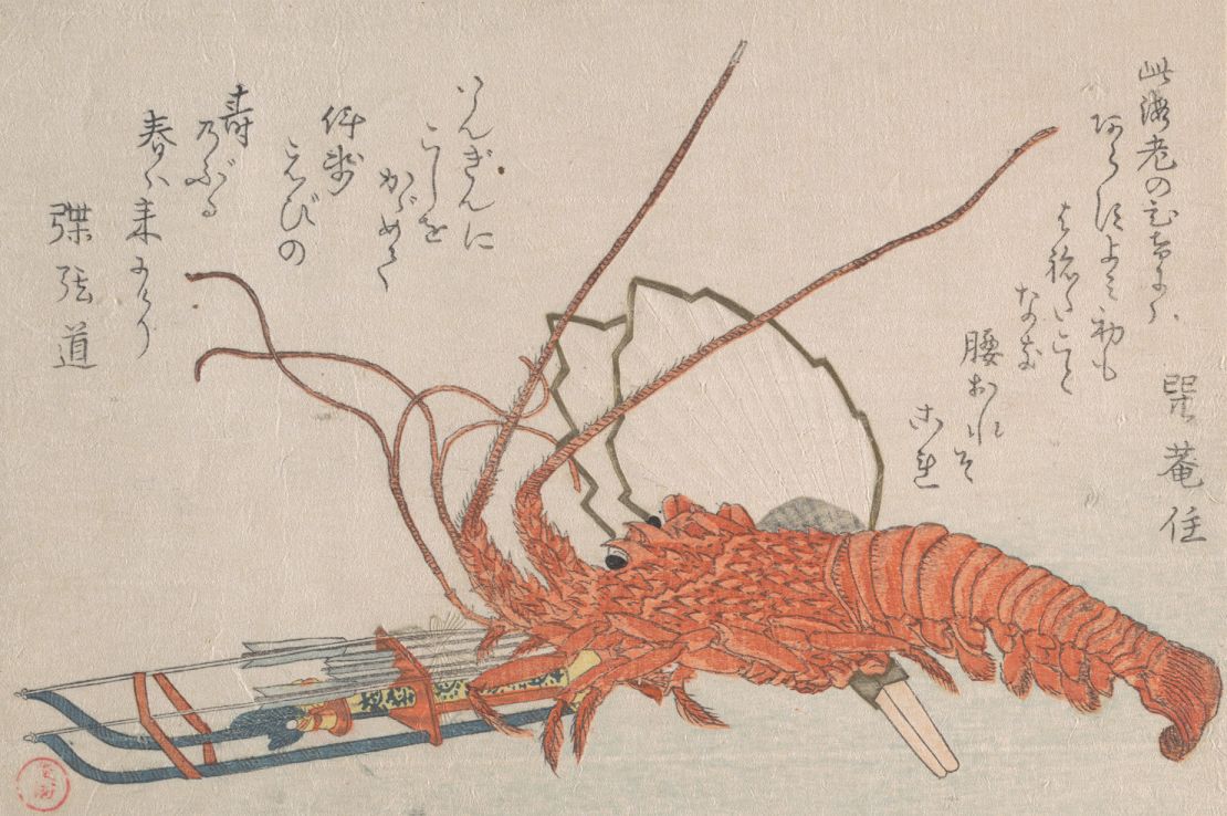 The lobster has had a long history in art around the world, from Ancient Egypt, Rome and Peru to contemporary times. Pictured here, an 18th- to 19th-century woodblock print from Japanese artist Kubo Shunman.