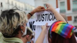 MADRID, SPAIN - SEPTEMBER 11:  Protesters call for justice following a series of recent homophobic assaults across the country on September 11, 2021 at Puerta del Sol, Madrid, Spain. Spain's government convened at an urgent meeting at the nation's commission against hate crimes following a spate of attacks against LGBTQ persons in Spain. The Observatory against homophobia in Spain also confirmed a 30% increase of homophobic violence in Catalonia since the start of the year. (Photo by Isabel Infantes/Getty Images)