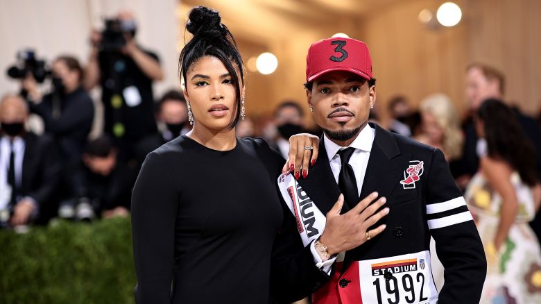 Kirsten Corley and Chance the Rapper attend The 2021 Met Gala Celebrating In America: A Lexicon Of Fashion at Metropolitan Museum of Art on September 13, 2021 in New York City.
