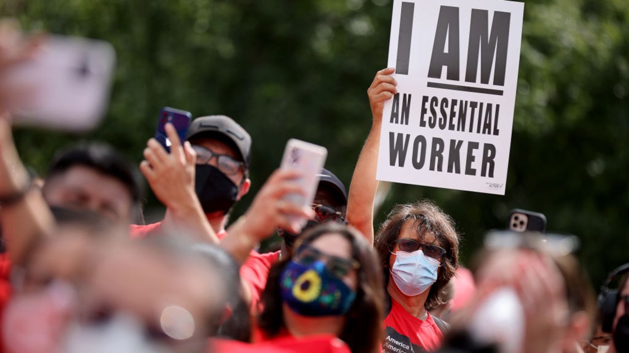 WASHINGTON, DC - SEPTEMBER 21: Thousands of demonstrators from across the country rally before marching to Immigration and Customs Enforcement headquarters while demanding a pathway to citizenship for the more than 11 million undocumented immigrants living in the United States on September 21, 2021 in Washington, DC. Activists, union leaders, organizers and political leaders addressed the marchers as they rallied outside ICE headquarters and the U.S. Capitol. (Photo by Chip Somodevilla/Getty Images)