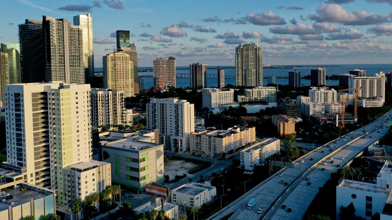 MIAMI, FLORIDA - SEPTEMBER 29:  In an aerial view, the City of Miami skyline, where many renters reside in the apartment buildings on September 29, 2021 in Miami, Florida. According to an analysis from Realtor.com, rents nationwide are rising, with the median rent for all sizes of rentals was $1,607 as of August, an increase of 11.5% from a year ago. The analysis also showed that rental prices had seen double-digit percentage growth in 28 of the 50 largest metropolitan areas. (Photo by Joe Raedle/Getty Images)